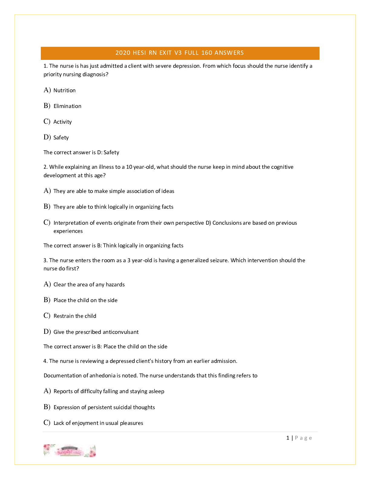 Preview image for 2020 HESI RN EXIT V3 FULL 160 ANSWERS